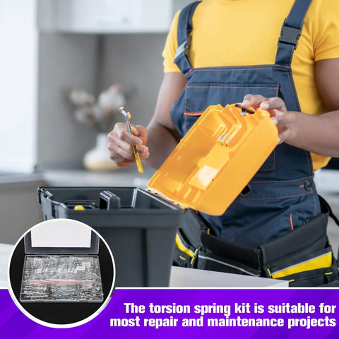 Side view: Ninoge 120Pcs stainless steel torsion springs kit in yellow storage case; 30 sizes, DIY/home repairs.