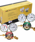 Pro Grade Oxygen And Acetylene Regulator Kit For Torch Welding With CGA540 And CGA510 Inlets Delivers 0 To 200 PSI Output From A 0 To 4000 PSI Inlet Includes Nine Sixteenth Inch Outlet Thread And One Quarter Inch Hose Connector, brass dual-gauge set