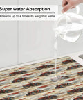 Person pouring water on wood grain tractor print dish drying mat for kitchen counter with ultra absorbent microfiber surface, 16x18 inches.