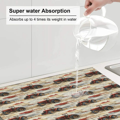 Person pouring water on wood grain tractor print dish drying mat for kitchen counter with ultra absorbent microfiber surface, 16x18 inches.