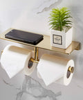 Double Roll Toilet Paper Holder With Shelf In Solid Brass And Polished Gold Finish, Hotel Style Tissue Dispenser Built For Real Bathrooms