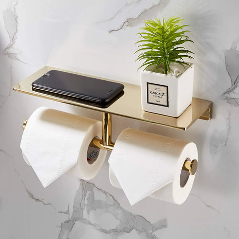 Double Roll Toilet Paper Holder With Shelf In Solid Brass And Polished Gold Finish, Hotel Style Tissue Dispenser Built For Real Bathrooms