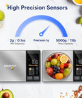 Digital Kitchen Scale With Nutrient Calculator And Bluetooth App Tracking, premium stainless steel food scale showing fruit in bowl.