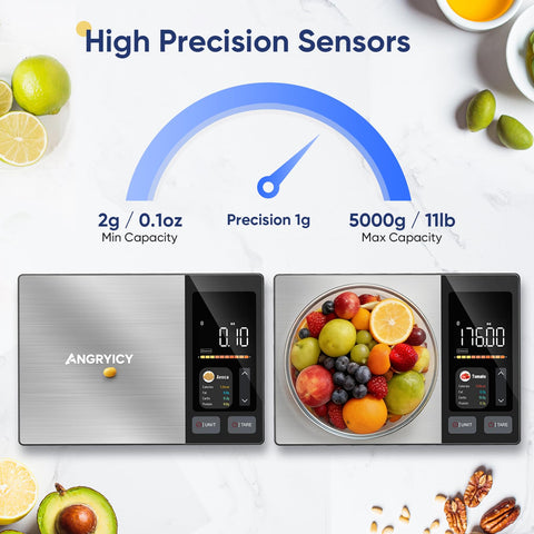 Digital Kitchen Scale With Nutrient Calculator And Bluetooth App Tracking, premium stainless steel food scale showing fruit in bowl.