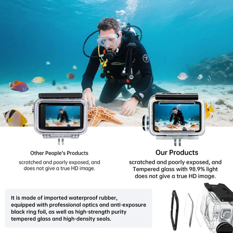 Diver underwater with Waterproof Dive Case For Action 5 Pro, Action 5, 4, And 3 Cameras, showcasing rugged submersible housing.