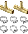 Durable Brass Tee Barb Fittings Three Way Reducer Kit with 5/8in x 3/8in x 5/8in barbs and 6 adjustable clamps
