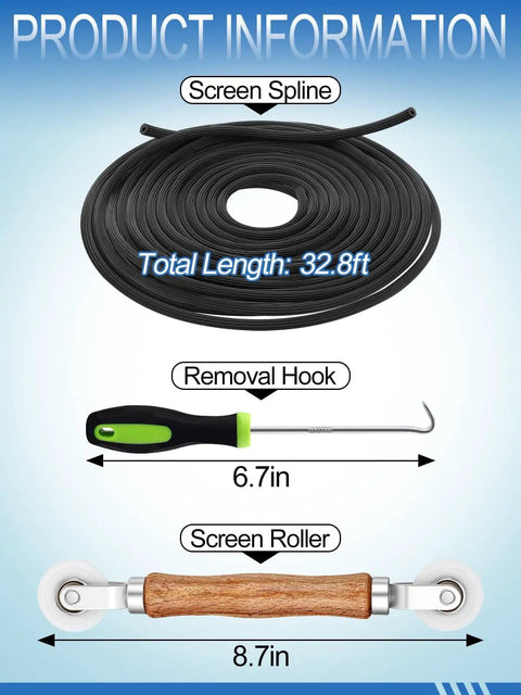Image of a Three In One Screen Repair Kit With Roller And Spline Removal Hook For Fast Window Screen Repair. Includes 0.14 Inch Spline and 32.8 Feet of Spline shown in coils, with a handle hook and roller tool for screen installation.
