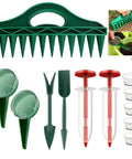 Seed Planter Tool Set with Seed Spreader and Mini Planter for small seeds; handheld kit showing green and red gardening tools.