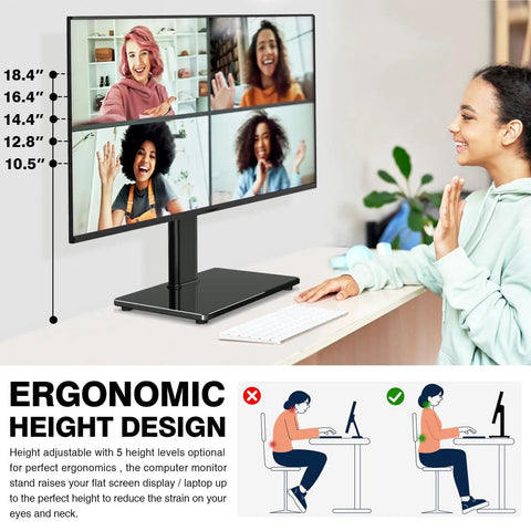 Free Standing Monitor Stand With VESA Mount For 13 To 32 Inch Screens in a home office setup with video call on screen