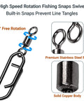 High Strength Saltwater Barrel Swivels And Snap Clips Set Stainless Steel Line Connectors showing 360° rotation mechanism