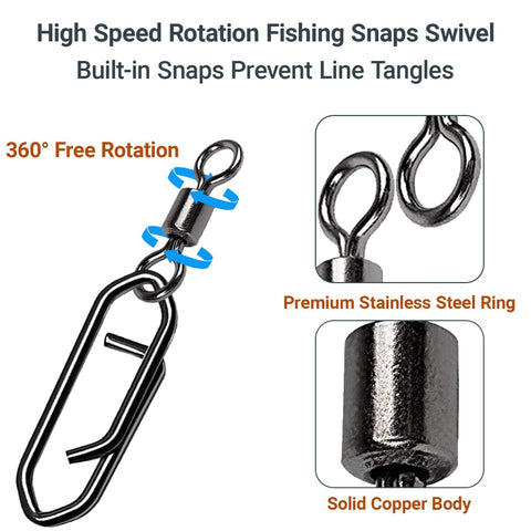 High Strength Saltwater Barrel Swivels And Snap Clips Set Stainless Steel Line Connectors showing 360° rotation mechanism