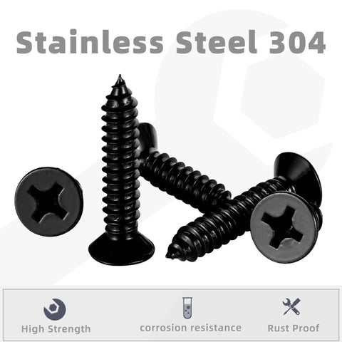Heavy Duty 12 Gauge 2 Inch Flat Head Self Tapping Wood Screws 304 Stainless Steel Black Finish Quick Grip Rust Proof 50 Piece Collection