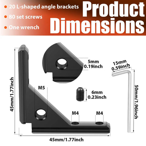 Heavy Duty Black Corner Brackets For 20 Series T Slot Aluminum Extrusion Build With 20 L Shape Joints, 80 Screws And Wrench Kit dimensions chart