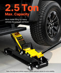 Side view of VEVOR 2.5-ton low-profile floor jack in yellow and black, lifting a vehicle wheel.