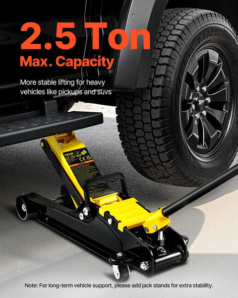 Side view of VEVOR 2.5-ton low-profile floor jack in yellow and black, lifting a vehicle wheel.