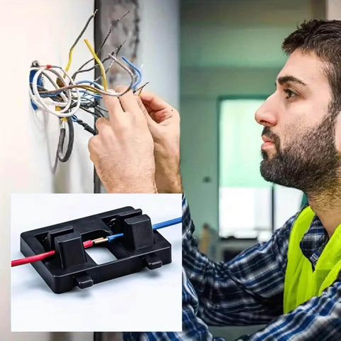 Electrician working with wiring; inset of anti-slip double spring welding fixture for repair and assembly of electronic components