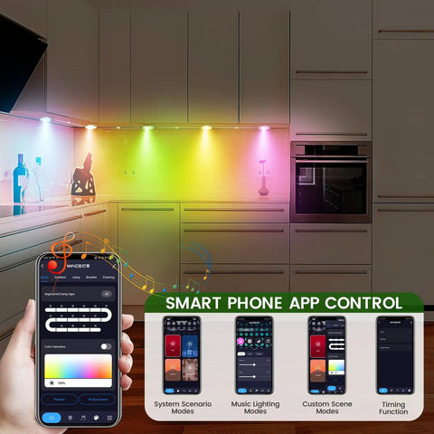 Lit Color Changing Under Cabinet Lights Kit With Remote And App Control illuminating kitchen with multicolor lights.