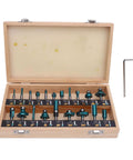 Top Grade 20 Piece Carbide Router Bit Set With Strong Tongue Groove For Smooth Woodworking Cuts 1/2 Inch Shank in wooden case.