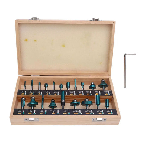 Top Grade 20 Piece Carbide Router Bit Set With Strong Tongue Groove For Smooth Woodworking Cuts 1/2 Inch Shank in wooden case.