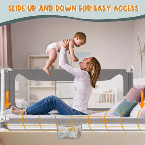 Easy Install Toddler Bed Rail Guard For Twin Full Queen And King Beds, side view with mother and baby, stable design