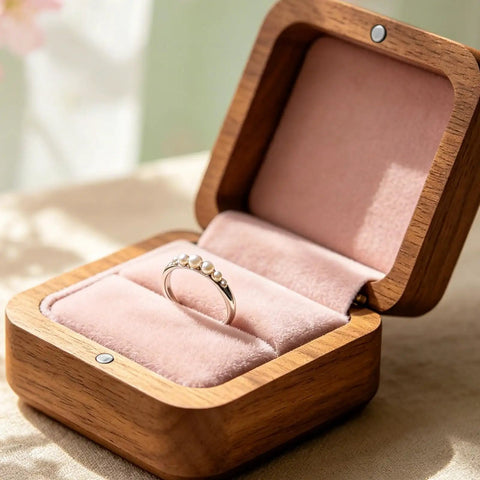 Open wooden jewelry box showcasing a pearl ring with 4 Pack 8mm Hidden Brass Barrel Hinges With 180 Degree Opening For Wood Cabinets Jewelry Boxes And DIY Projects Includes 8 Screws And 60 Magnetic Disks For Easy Concealed Hardware Installation