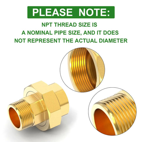Two Pack Brass Union Fittings 1 Inch NPT Male To 1 Inch NPT Female Pipe Connector with close-up of threads