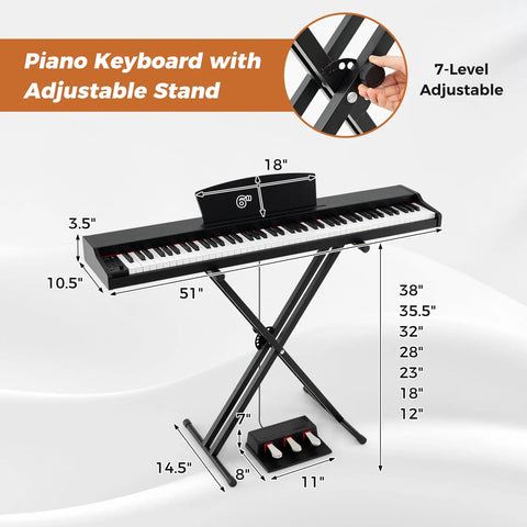 Portable 88 Keys Semi Weighted Electric Digital Piano With Stand Dual Speakers And Triple Pedals For Beginners