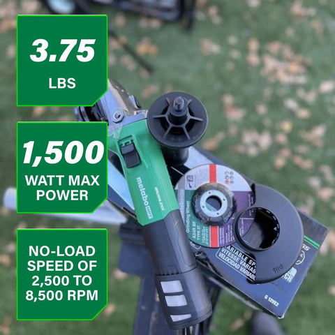 Five Inch Angle Grinder With High Torque And Brushless 12 Amp AC Motor, Variable Speed Six Speeds, shown with accessories.