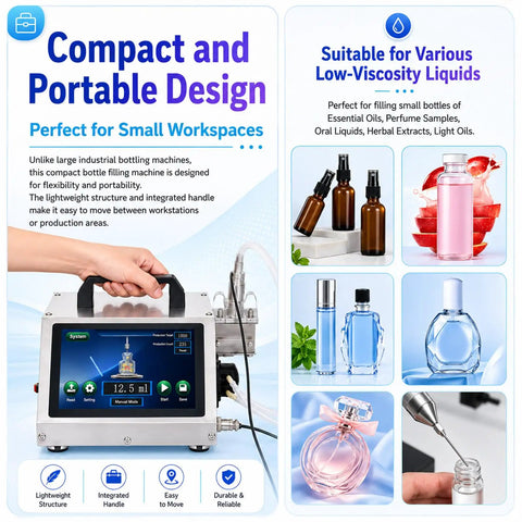Savage High-Flow Automatic Bottle Filler Machine With Precision Multi-Mode Tech For Narrow Mouth Bottles And Tiny Neck Diameters Starting At 2mm on a table with user holding handle.