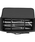 Rock Solid Drum Hardware Rolling Bag With Smooth Gliding Wheels And Extra Thick Padding For Snare Cymbal Stands And Kick Drum Pedals, interior view with metal stands.