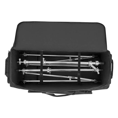 Rock Solid Drum Hardware Rolling Bag With Smooth Gliding Wheels And Extra Thick Padding For Snare Cymbal Stands And Kick Drum Pedals, interior view with metal stands.