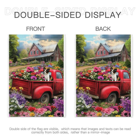 Double-sided Welcome Spring Summer Red Truck Garden Flag with Papillon, 28x40 premium linen, farmhouse decor front and back display