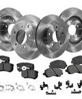Front and rear brake rotor and pad kit for 2008–2011 Mitsubishi Lancer; includes 4 rotors, 8 pads, and hardware.