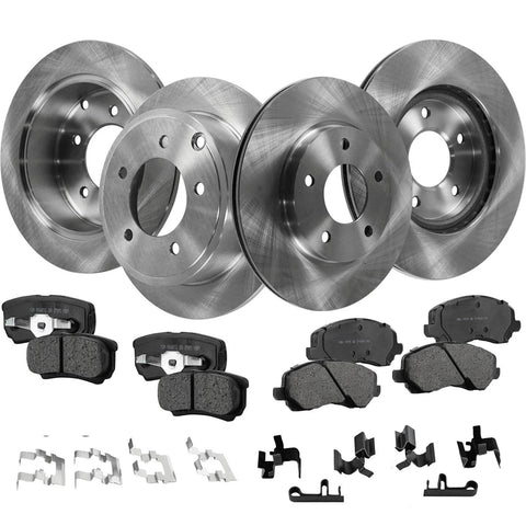 Front and rear brake rotor and pad kit for Mitsubishi Lancer 2008-2011; includes 4 rotors, 8 pads, and hardware.