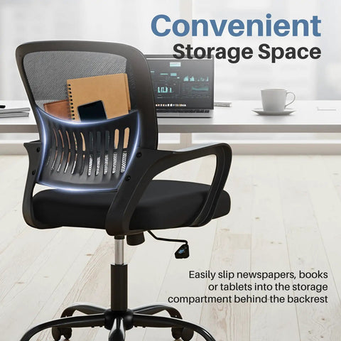 Ergonomic Go-To Home Office Desk Chair With Lumbar Support And Rocking Mode showing backrest storage for books and tablets