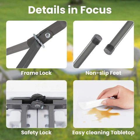 Close-up of 6 Foot Folding Picnic Table Built for On The Go Camping Picnics Parties and Kitchen Use showing frame lock and non-slip feet.