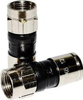 Two Ex6Plus RG6 Snap And Seal Outdoor Compression Connectors, weatherproof polymer design, showcasing universal fit for braided cables.