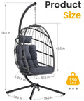 Comfy Hanging Egg Chair With Stand For Indoor Outdoor Use Wicker Patio Swing Chair With Cushions Dark Grey, 350 lbs capacity
