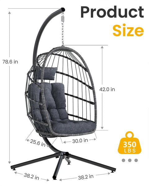 Comfy Hanging Egg Chair With Stand For Indoor Outdoor Use Wicker Patio Swing Chair With Cushions Dark Grey, 350 lbs capacity