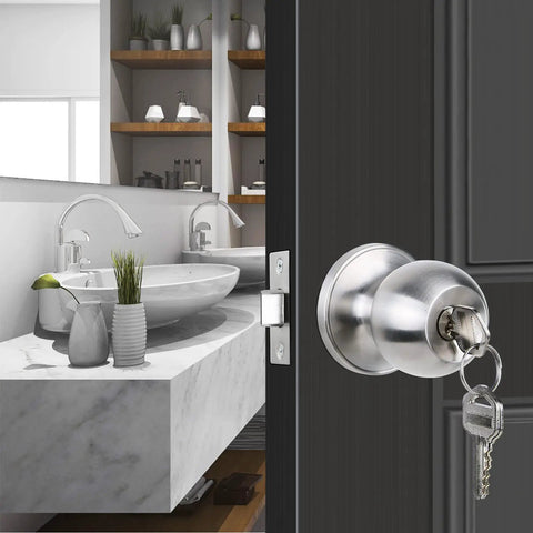 Stainless Steel Door Knob With Lock And Key For Bedroom Doors Ball Style Doorknob With Satin Nickel Finish in bathroom