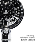 Close-up of handheld chrome shower head with chlorine and mineral filter, adjustable 7-setting spray, anti-scaling nozzles