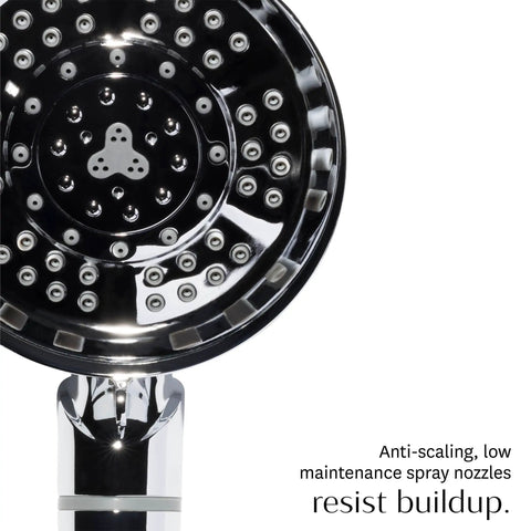 Close-up of handheld chrome shower head with chlorine and mineral filter, adjustable 7-setting spray, anti-scaling nozzles