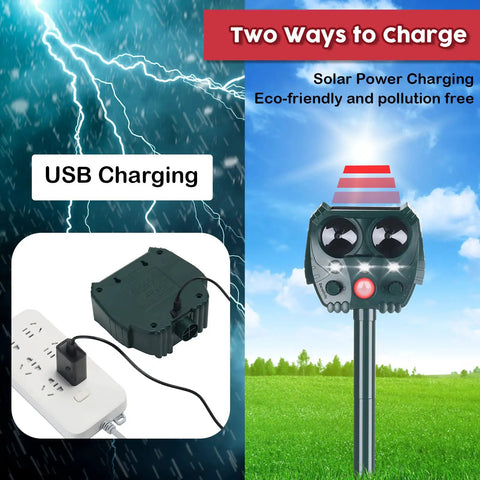 4 Pack Solar Ultrasonic Animal Repellers For Cats, Deer, And Squirrels, Outdoor Garden Yard Orchard Pest Deterrents With Ground Spikes Or Hanging Mounts, Sun Powered, Easy Install, Weatherproof; USB charging and solar power shown