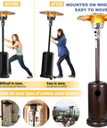 Patio heater with wheel kit installed: stainless steel bracket and black caster wheels