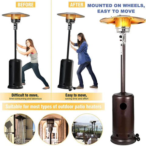Patio heater with wheel kit installed: stainless steel bracket and black caster wheels