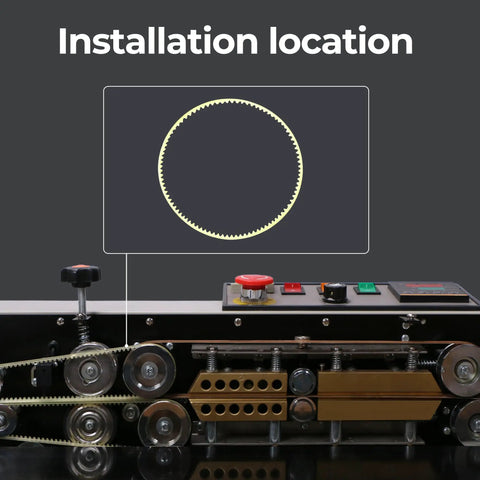 Installation location of Heavy Duty Tooth Gear Belt Guide For Continuous Band Sealer Machines 16.54 Inch Perimeter And 0.197 Inch Width Fits Automatic Vertical And Horizontal Sealing Systems Replacement Belt For Smooth Reliable Operation.