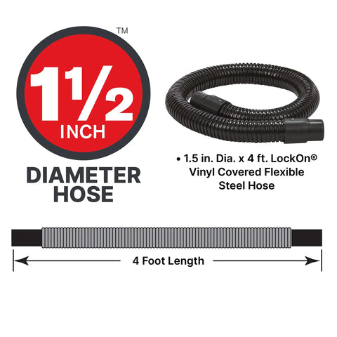 Heavy Duty Beast 5 Gallon Ash Dry Vacuum With Stainless Steel Tank, 1.5 inch diameter and 4 foot hose diagram