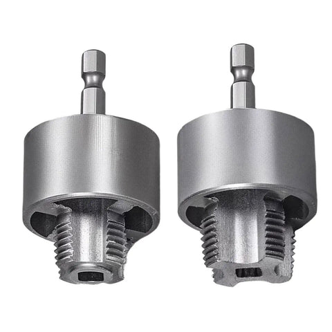 Heavy Duty Internal External Pipe Threader Die Set With Electric Drill Compatibility For 1/2 And 3/4 Inch Copper Stainless Steel Plumbing Jobs Fast Quick Threading Tool For Pros And DIYers - metal threaders side view.