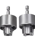 Two metal threading dies with hex shank for PVC pipe; designed for electric drills for easy inside/outside threading.
