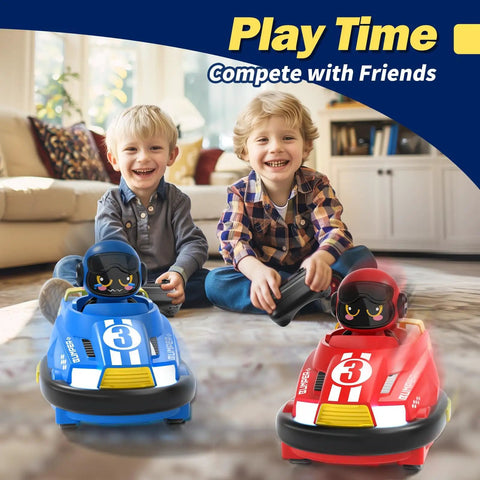 Two Pack Cool Cute Cartoon Remote Control Bumper Cars For Toddlers Mini RC Cars With Light And Sound in a living room setting